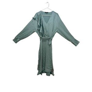 ELOQUII Silky Midi Dress Womens 18 Green Faux Wrap V-Neck Ballon Sleeves Satin